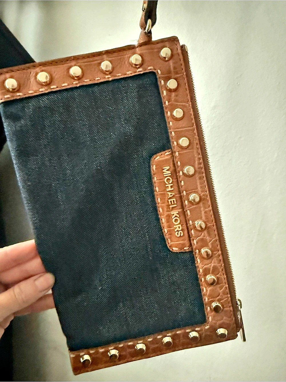 Michael Kors Denim Studded Wristlet Clutch Croc Embossed Leather
